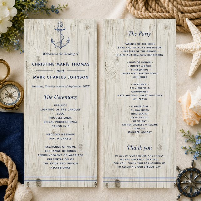 Nautical Navy Anchor Rustic Wood Wedding Programme (A nautical-themed program perfect for beach weddings and weddings by the sea! )