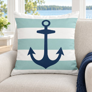 Nautical Navy Anchor Seafoam White Stripe Cushion