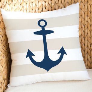 Nautical Navy Anchor Tan White Stripe Cushion