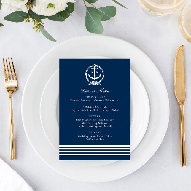 Nautical Navy Anchor Wedding Monogram Dinner Menu