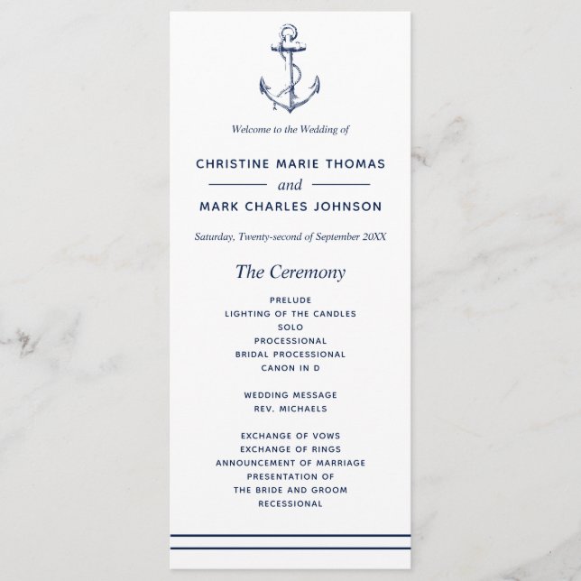 Nautical Navy Anchor Wedding Programme (Front)