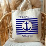 Nautical Navy Anchor Welcome Wedding Bag<br><div class="desc">Cruise destination wedding welcome bag with anchor and navy blue stripes. Customise text at top and bottom welcoming guests to a "cruise wedding", or "beach wedding" or whatever you prefer. Ad more tan coloured, bold script text to the bottom, with the names of the bride and groom and wedding date....</div>