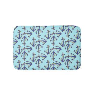 Nautical Navy anchor with gold rope Bath Mats