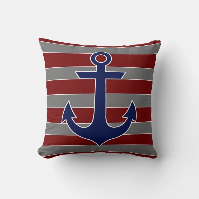 nautical navy anchor with red and grey stripes cushion (Front)