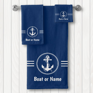 Nautical Navy Anchor With Rope Your Boat or Name Bath Towel Set