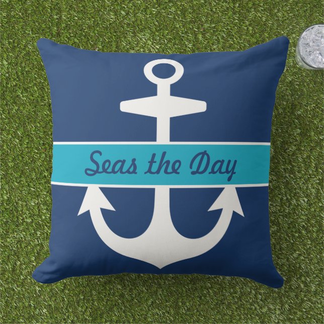 Nautical Navy and Caribbean Blue Custom Boat Name Cushion (Grass)