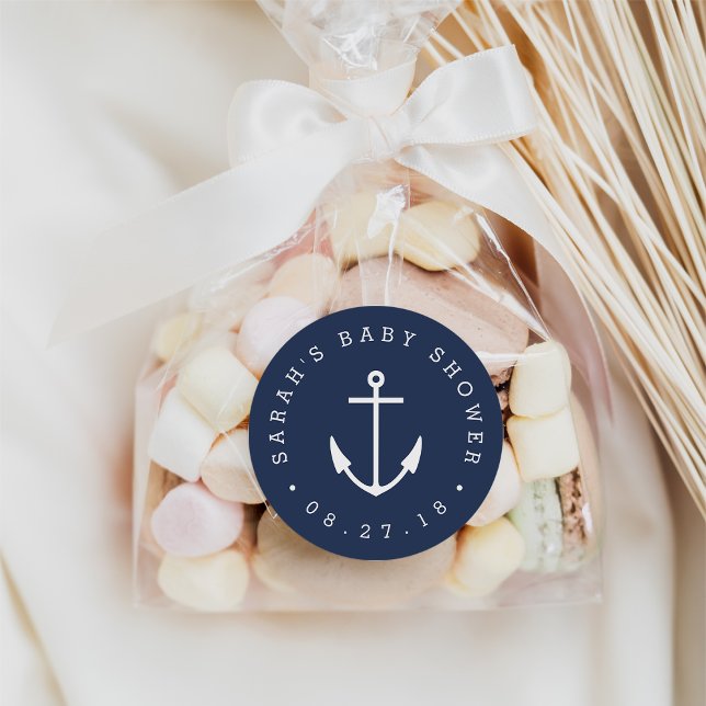 Nautical Navy and White Anchor Baby Shower Classic Round Sticker (Creator Uploaded)