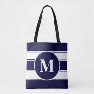 Nautical Navy and White Stripe Monogram Tote Bag