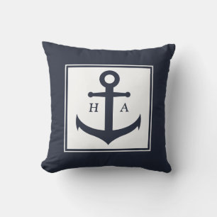 Nautical Navy and White Stripes with Anchor  Cushion