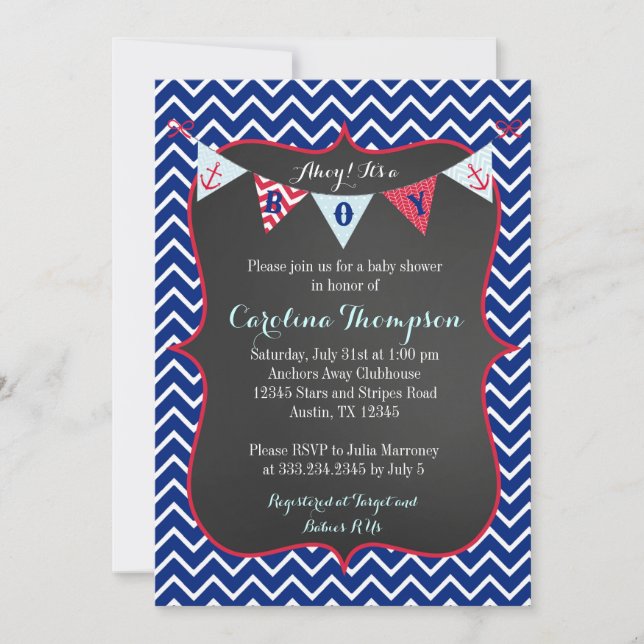 Nautical Navy Baby Boy Shower Invitation Invite (Front)