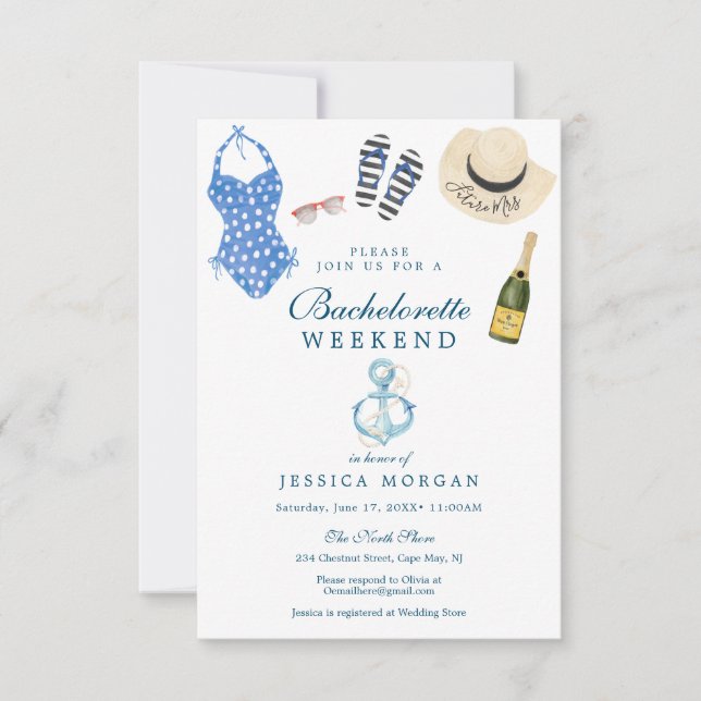 Nautical Navy Bachelorette Party Itinerary Invite (Front)
