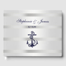 Nautical Navy Blu Anchor Silver White Guest Book
