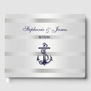 Nautical Navy Blu Anchor Silver White Guest Book