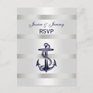 Nautical Navy Blu Anchor Silver Wht RSVP 1 Invitation Postcard
