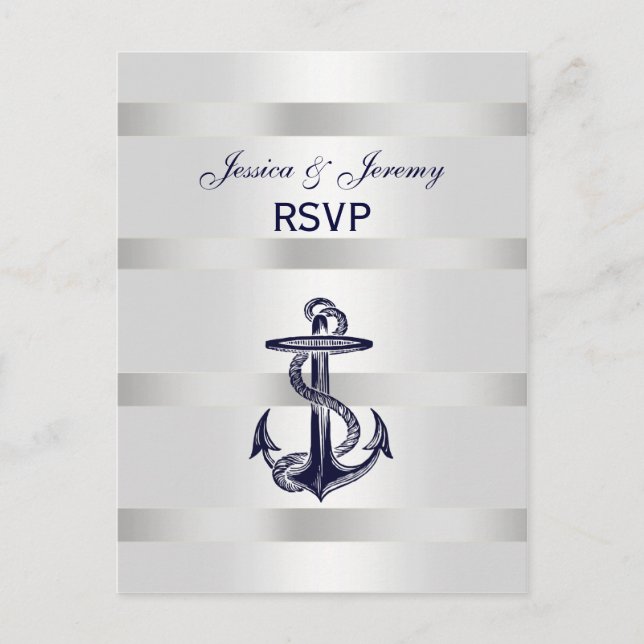 Nautical Navy Blu Anchor Silver Wht RSVP 1 Invitation Postcard (Front)