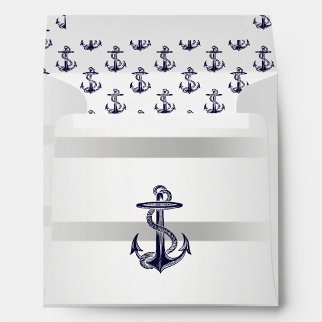 Nautical Navy Blu Anchor Silver Wht SQ Envelopes (Back (Bottom))