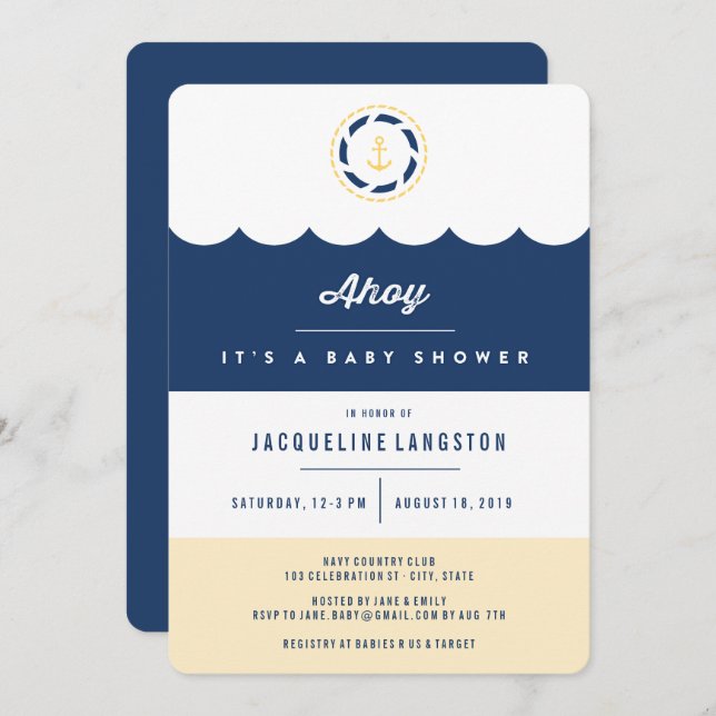 Nautical Navy Blue Ahoy Neutral Baby Shower Invite (Front/Back)