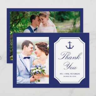 Nautical Navy Blue Anchor 2 Photo Wedding Thank You Card