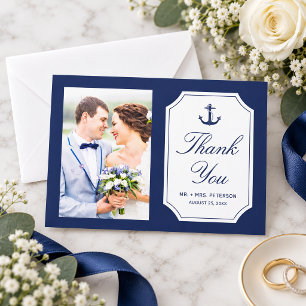 Nautical Navy Blue Anchor 2 Photo Wedding Thank You Card
