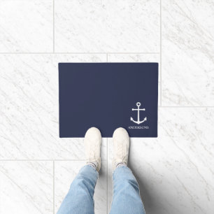 Nautical Navy Blue Anchor and Custom Family Name Doormat