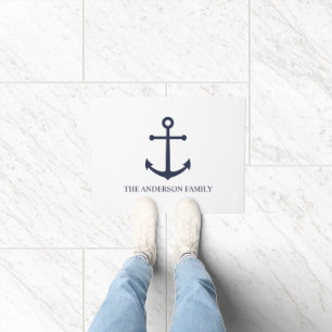 Nautical Navy Blue Anchor and Custom Family Name Doormat