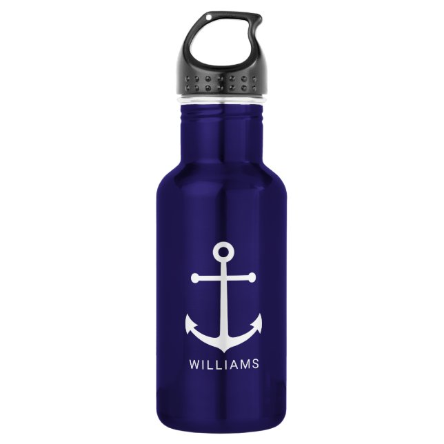 Nautical Navy Blue Anchor and Custom Name 532 Ml Water Bottle (Front)