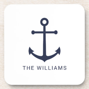 Nautical Navy Blue Anchor and Custom Name Coaster