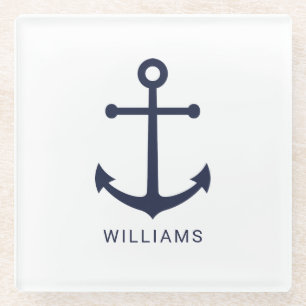 Nautical Navy Blue Anchor and Custom Name Glass Coaster