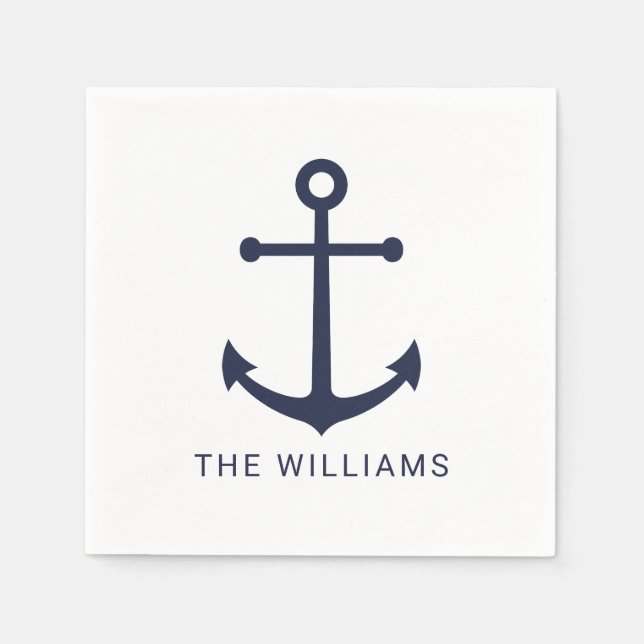 Nautical Navy Blue Anchor and Custom Name Napkin (Front)