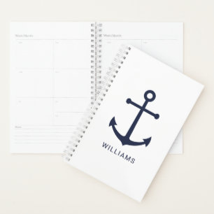Nautical Navy Blue Anchor and Custom Name on White Planner