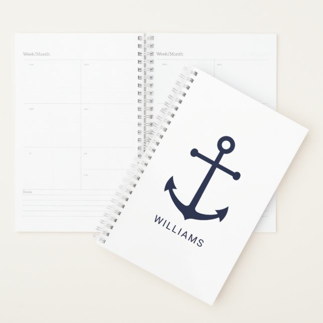 Nautical Navy Blue Anchor and Custom Name on White Planner (Display)