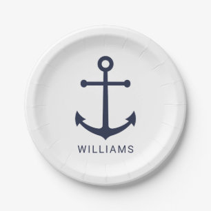 Nautical Navy Blue Anchor and Custom Name Paper Plate