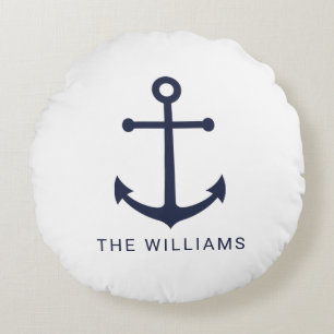 Nautical Navy Blue Anchor and Custom Name Round Cushion