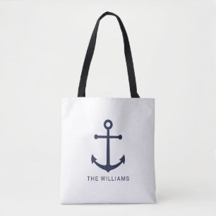 Nautical Navy Blue Anchor and Custom Name Tote Bag