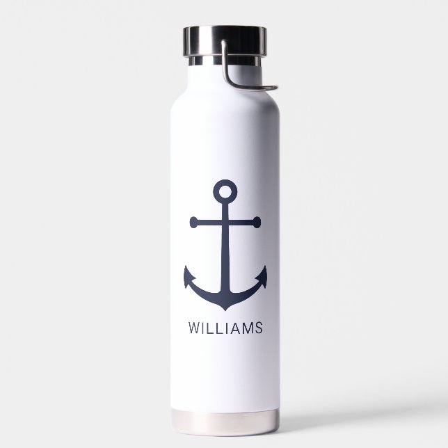 Nautical Navy Blue Anchor and Custom Name Water Bottle (Left)