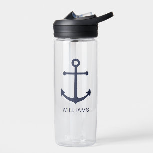 Nautical Navy Blue Anchor and Custom Name Water Bottle