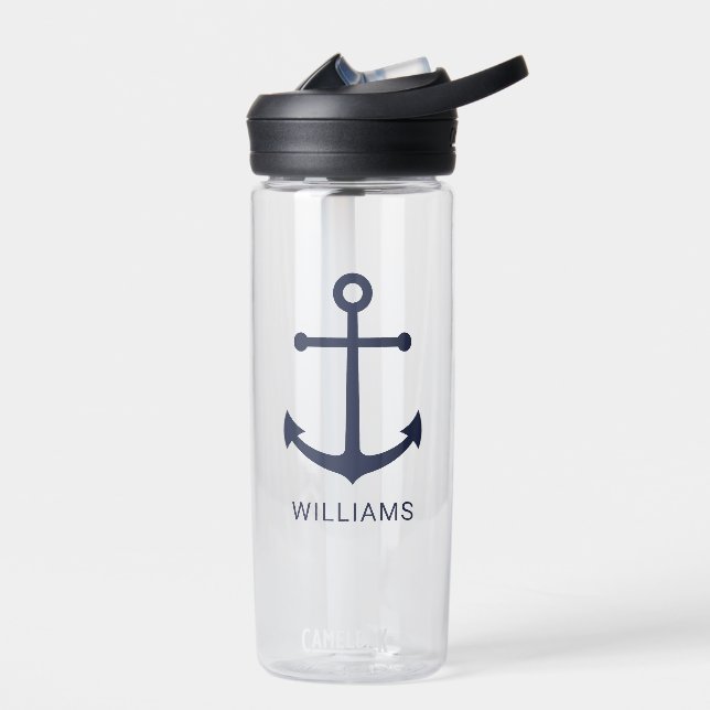 Nautical Navy Blue Anchor and Custom Name Water Bottle (Left)