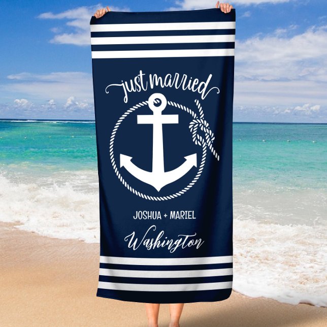 Nautical Navy Blue Anchor and Rope Just Married Beach Towel (Creator Uploaded)