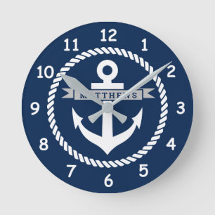 Nautical navy blue anchor and rope personalised round clock