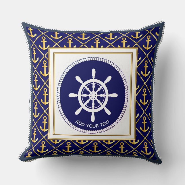 Nautical Navy Blue Anchor and Ship’s Wheel Cushion (Front)