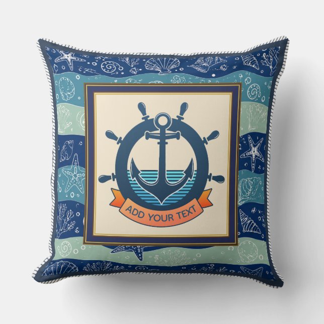 Nautical Navy Blue Anchor and Ship’s Wheel Cushion (Front)