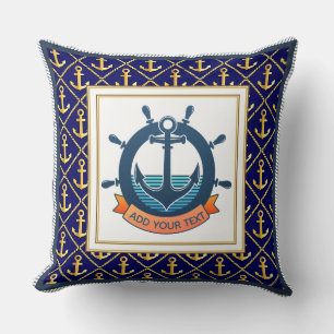 Nautical Navy Blue Anchor and Ship’s Wheel Cushion