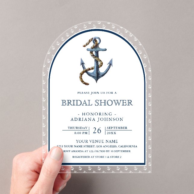 Nautical Navy Blue Anchor Arch Bridal Shower Acrylic Invitations (Insitu (Handheld))
