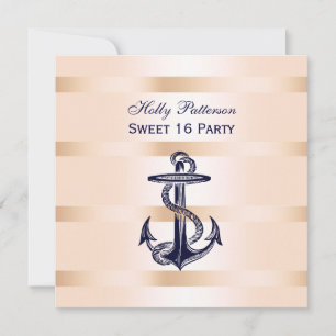 Nautical Navy Blue Anchor Baby Pink BG SQ Sweet 16 Invitation