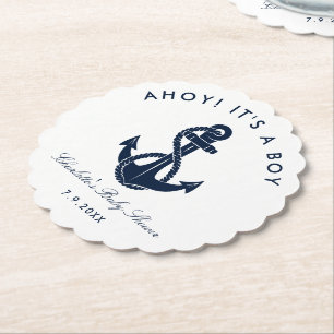 Nautical Navy Blue Anchor Baby Shower Paper Coaster