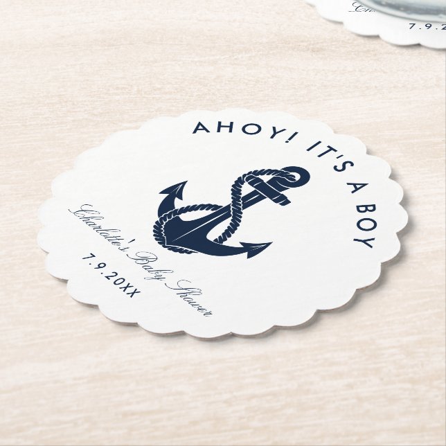 Nautical Navy Blue Anchor Baby Shower Paper Coaster (Angled)