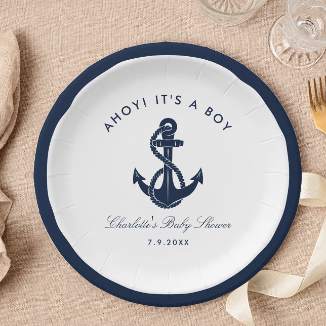 Nautical Navy Blue Anchor Baby Shower Paper Plate (Its a Boy Ahoy Baby Shower Paper Towel)