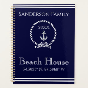Nautical navy blue anchor beach house coordinates planner