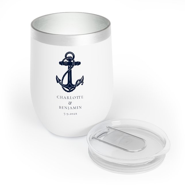 Nautical Navy Blue Anchor Beach Wedding (Nautical Anchor Navy Blue Boating Wedding Swag Personalized Wine Tumbler)