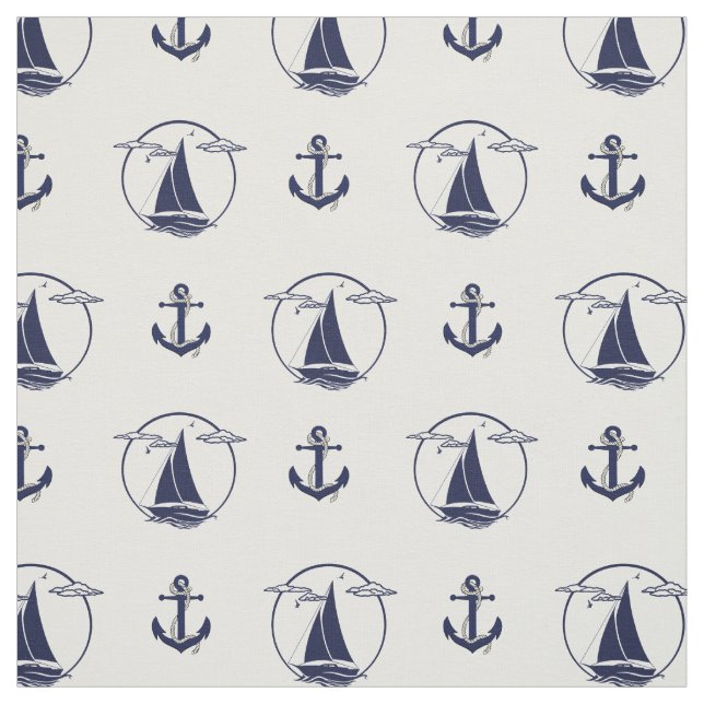 Nautical Navy blue anchor/blue sailboat silhouette Fabric (Swatch)
